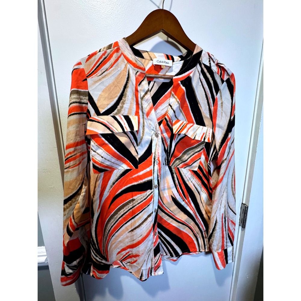 Calvin Klein Womens Abstract Swirl Print Button Down Blouse Orange Black M